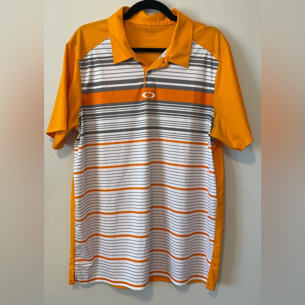 Oakley Men's Golf Polo Collared Shirt in Orange and Gray Stripes